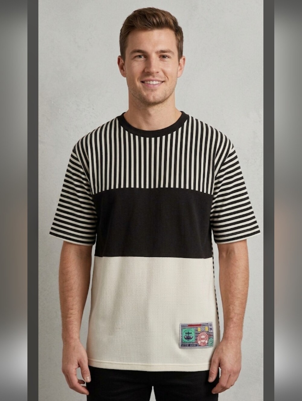 Vintage Indy Knit Black and White Striped Single Stitch Tshirt Men's Size Large
